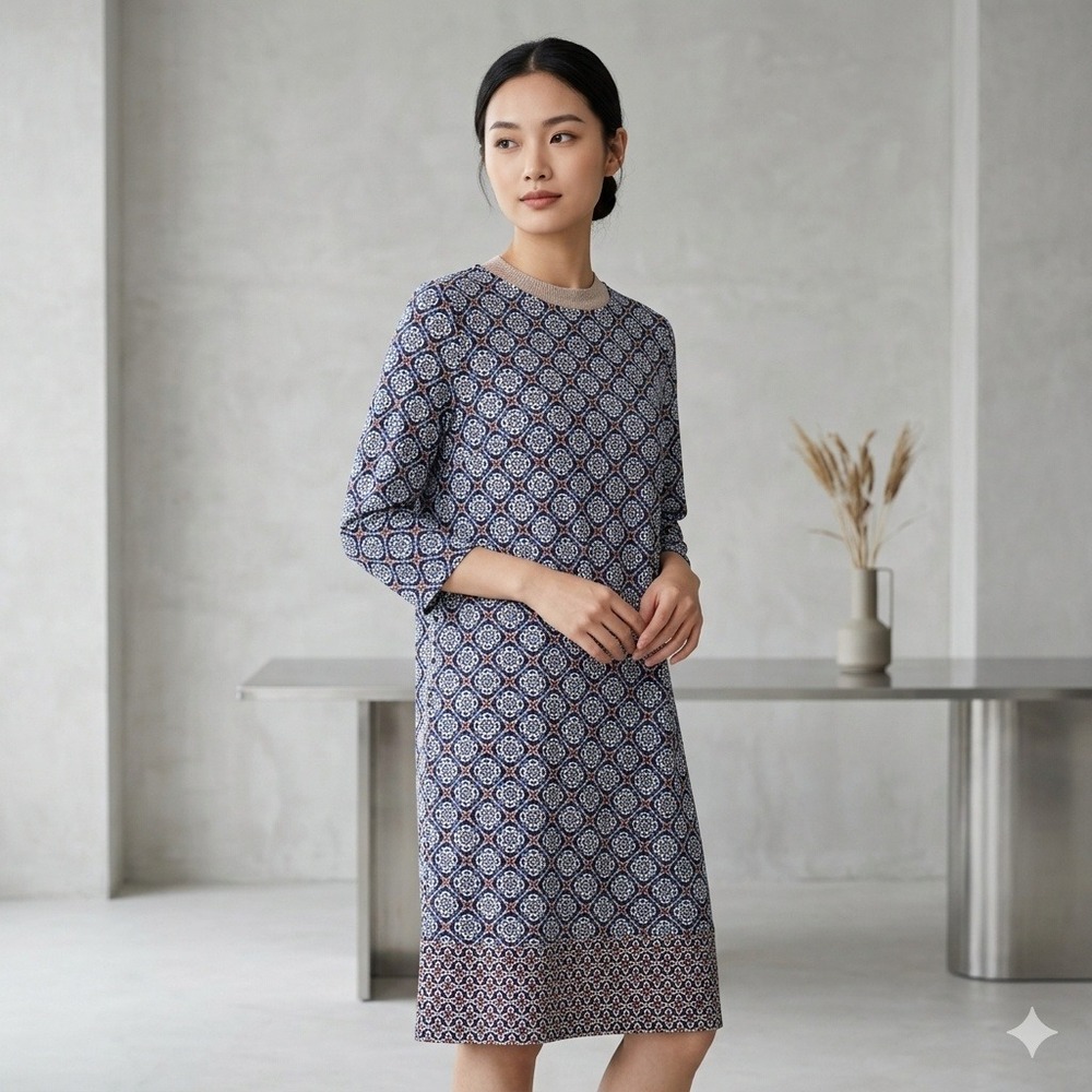 J. Jill Wearever Navy Geometric Tile Print Shift‎ Dress Medium Petite MP